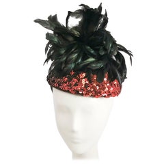 Vintage 1980s Brown Sequin Cocktail Hat with Raven Feathers