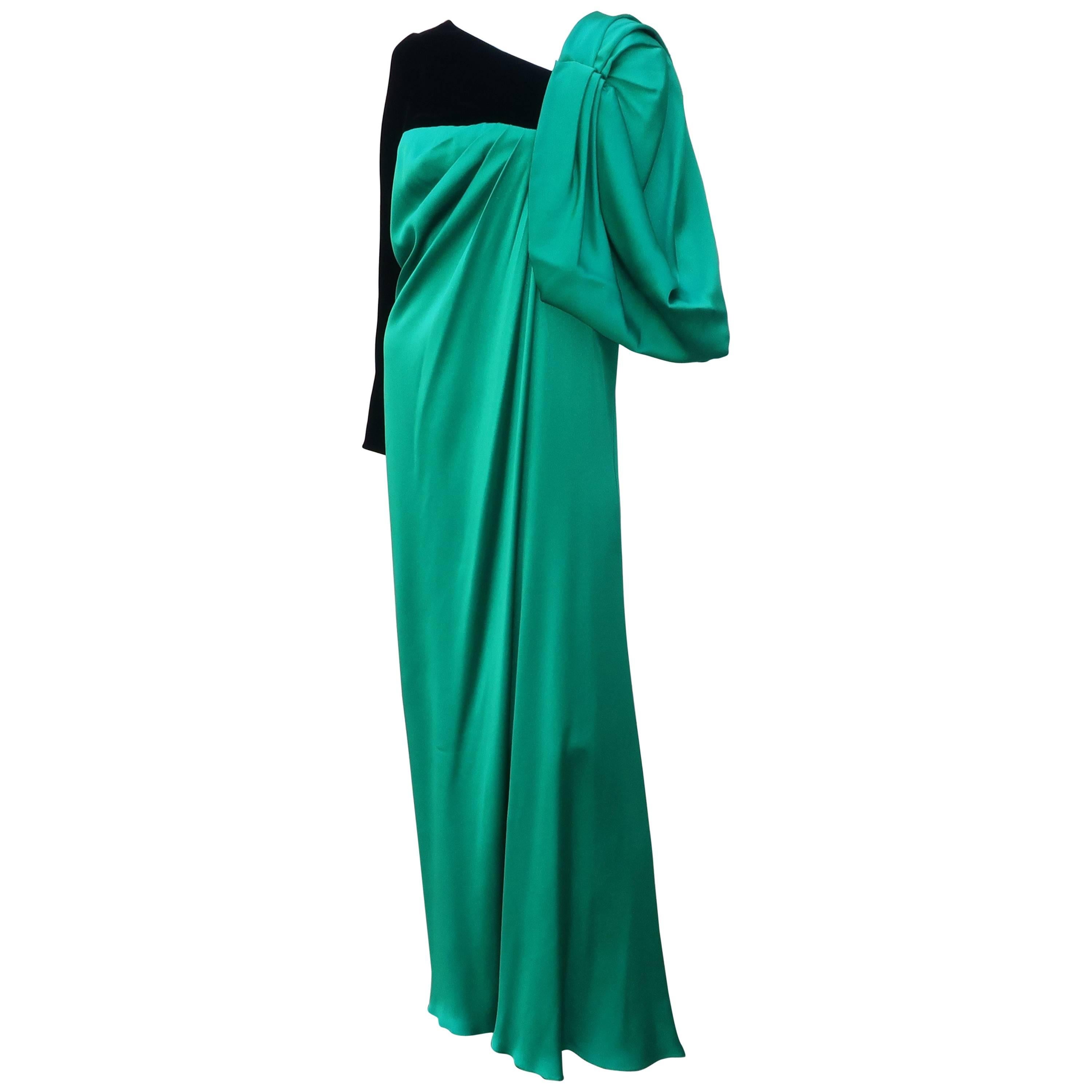 1980's Jacqueline de Ribes Jade Green Silk & Black Velvet Evening Gown