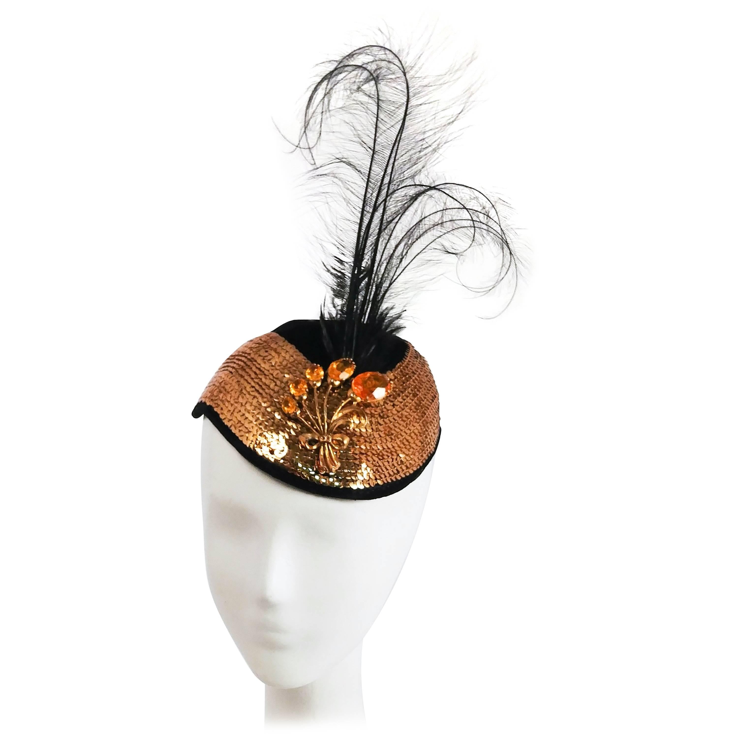 1930s Gold Sequin Black Cocktail Hat with Feather