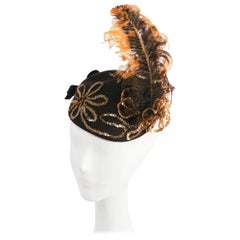 Vintage 1930s Gold Sequin Brown Hat with Ombre Feather