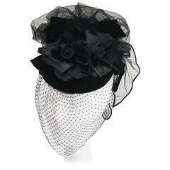 1940s Black Veiled Edwardian Style Velvet Cocktail Hat