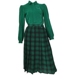 Vintage Oscar de la Renta 1980s Silk Striped Blouse & Plaid Pleated Skirt Size 4.