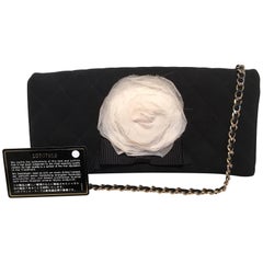 Chanel Black and White Quilted Silk and Nylon Camellia Flower Clutch with Strap