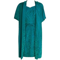 Joseph Magnin - Manteau à fleurs et robe à col bénitier vert et bleu, années 1950  