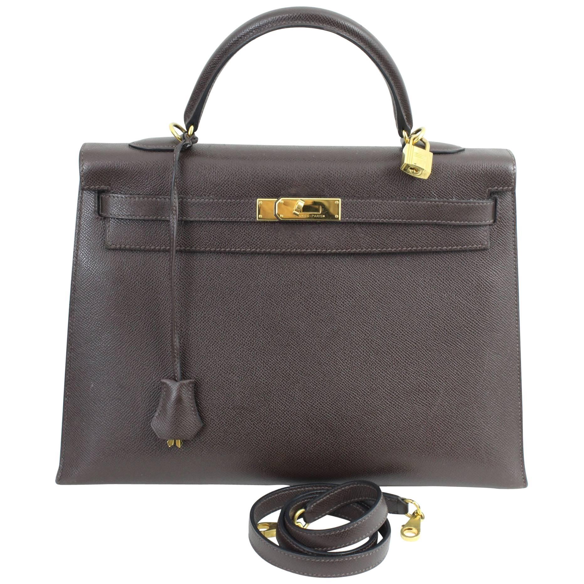 2008 Hermes Dark Brown Epson Leather Kelly 36 Bag With Shoulder Strap For Sale