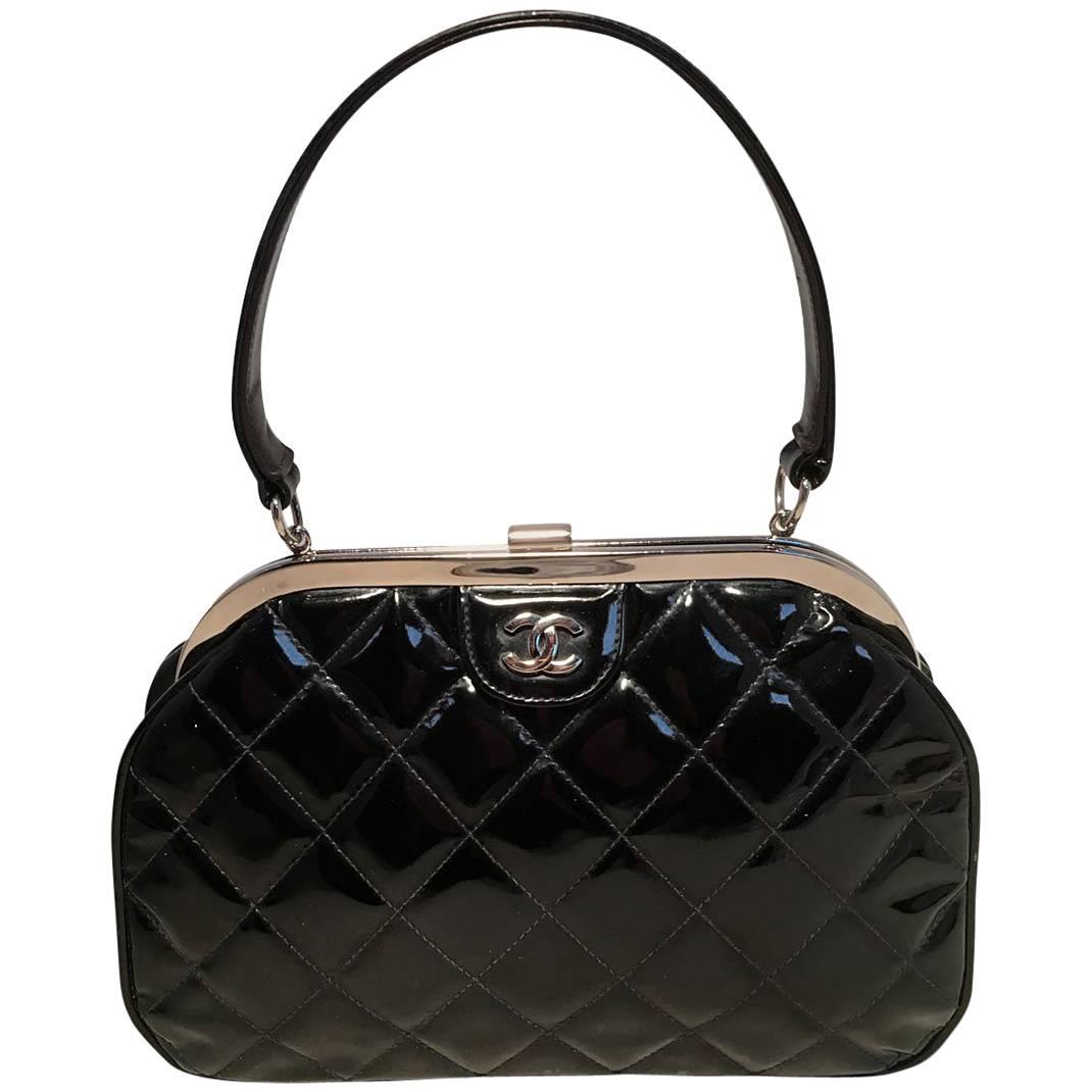 Chanel Black Quilted Patent Leather Top Handle Handbag