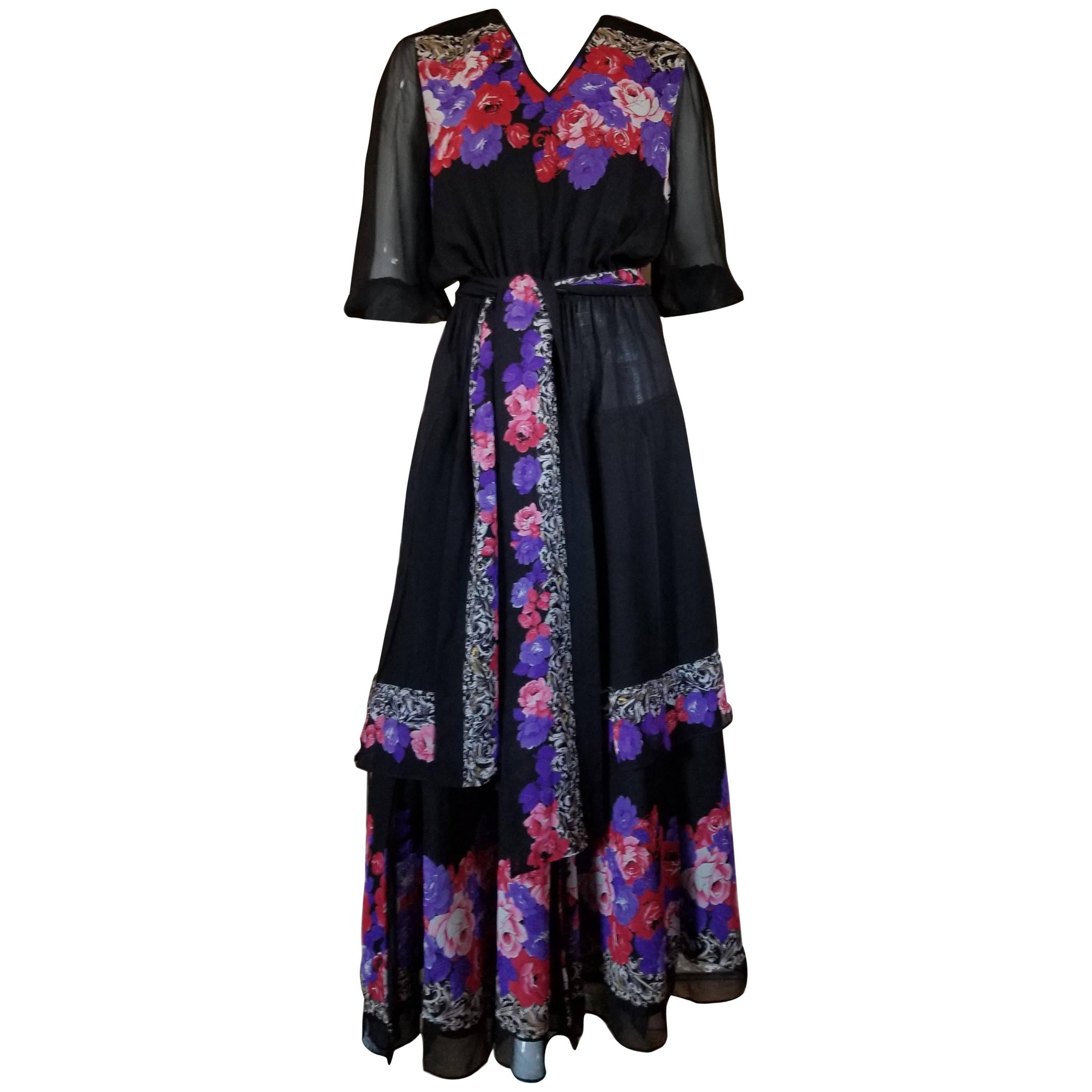 Diane Freis Vintage Silk Black Graphic Floral Print Chiffon Maxi Dress With Sash For Sale