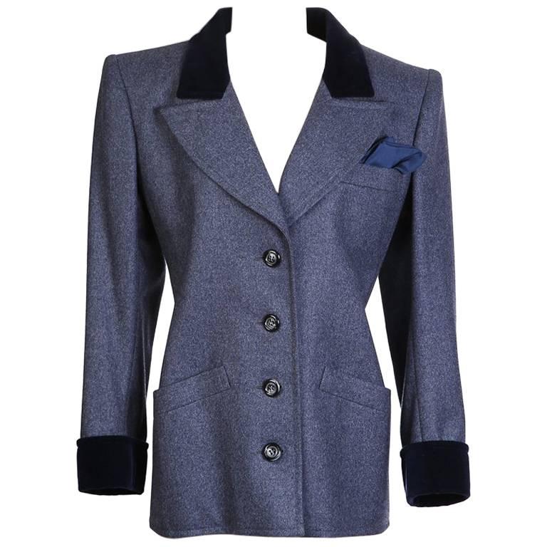 Yves Saint Laurent Black Lambskin Blazer with Velvet Details.