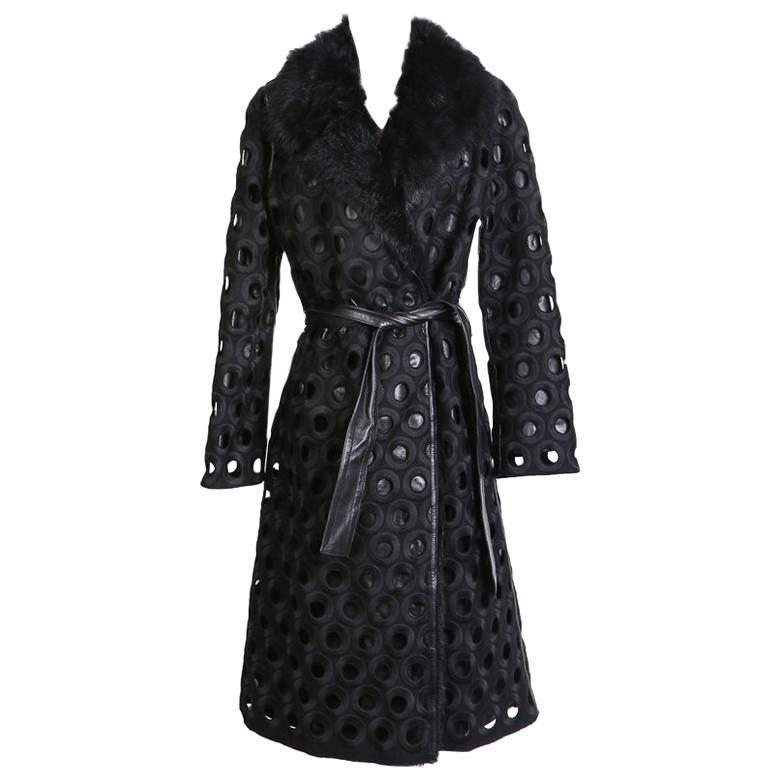 Marc Jacobs Wool and Leather Coat with Faux Fur Collar and Circular Cut Outs
