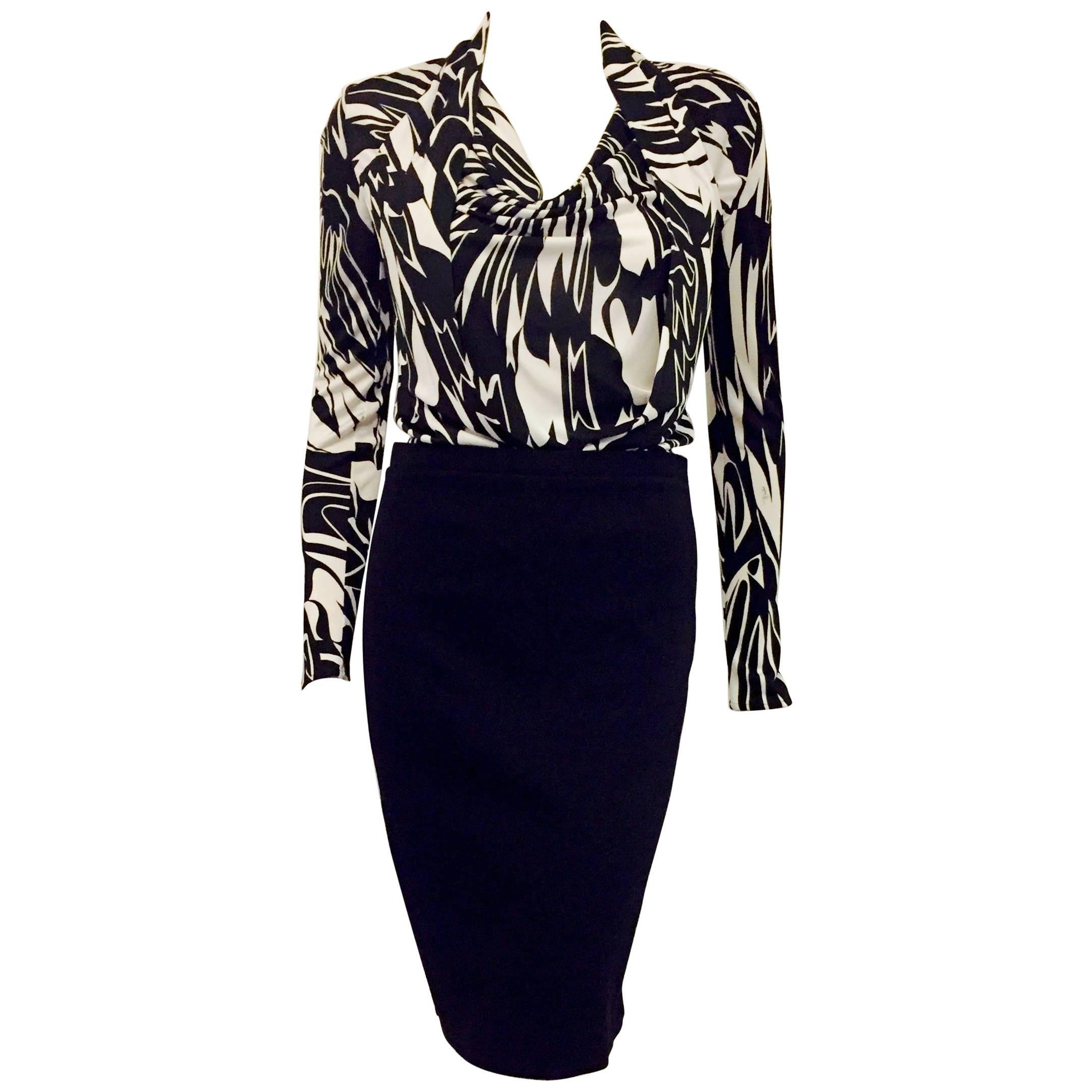 Elegant Emilio Pucci Black & White Long Sleeve Dress with Pencil Skirt For Sale