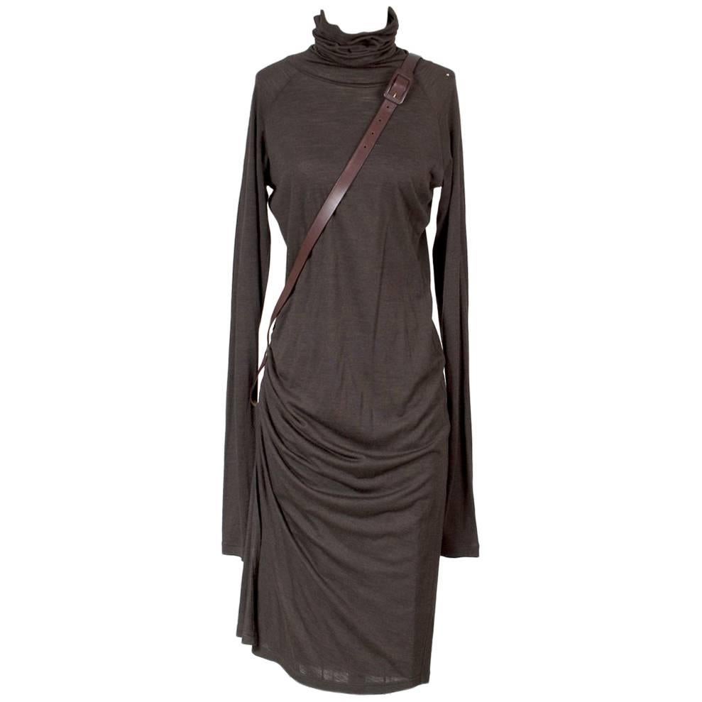 Jean Paul Gaultier Stretch Cotton Turtleneck Dress with Leather Belt Strap