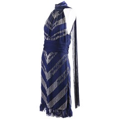 2006 Gucci Navy & Silver Beaded Cocktail Dress w/Dramatic Neck Ties