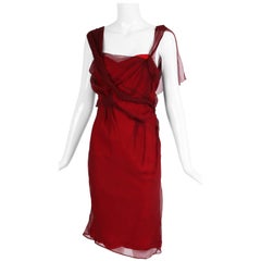 Vintage Christian Dior by John Galliano Burgundy Chiffon Asymmetrical Cocktail Dress