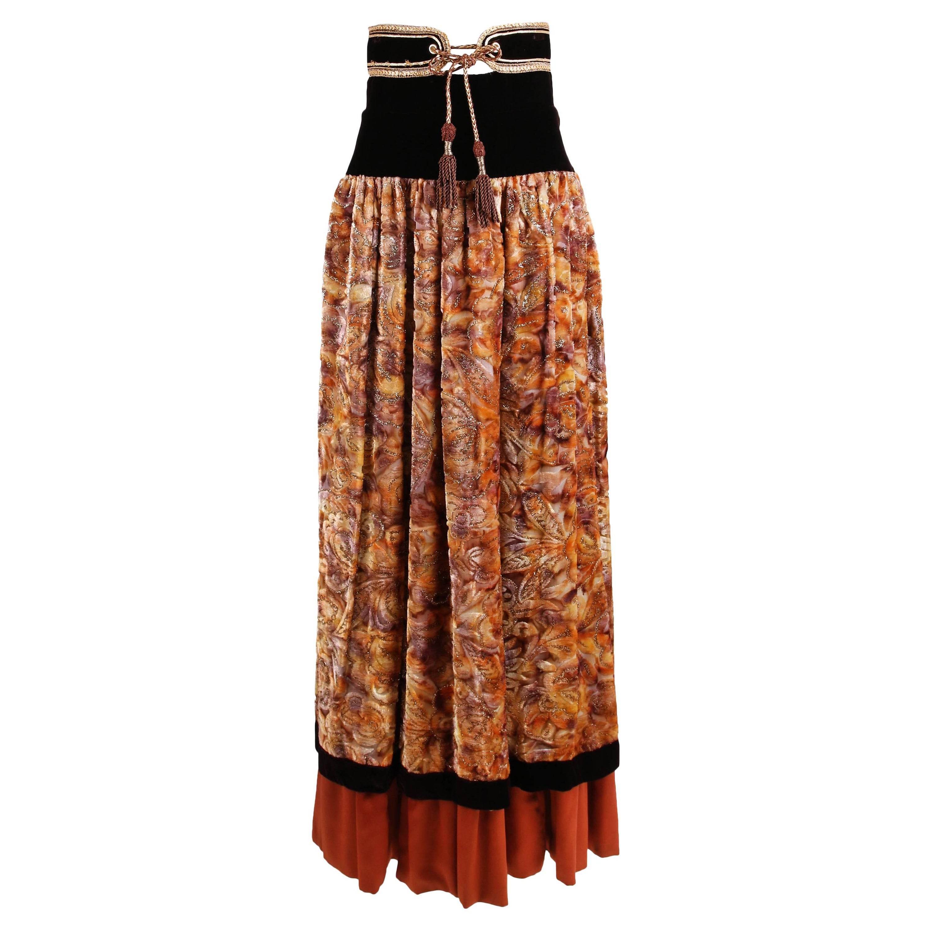 Unlabeled YSL-Inspired Velvet Burnout Maxi Skirt w/Gold Metallic Trim & Cord For Sale