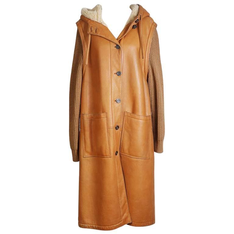Hermes Leather Coat with Knit Wool Sleeves and Shearling Lining