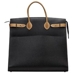 Hermes Black Cognac Leather Gold Men's Large Carryall Weekender Travel Tote Bag