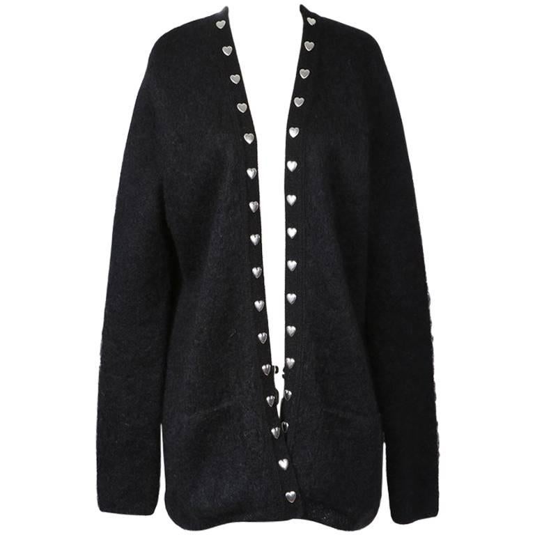 Saint Laurent Black Mohair Cardigan with Silver Metal Hearts