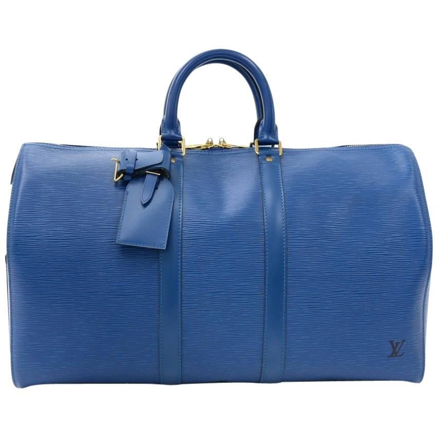 Vintage Louis Vuitton Keepall 45 Blue Epi Leather Duffle Travel Bag