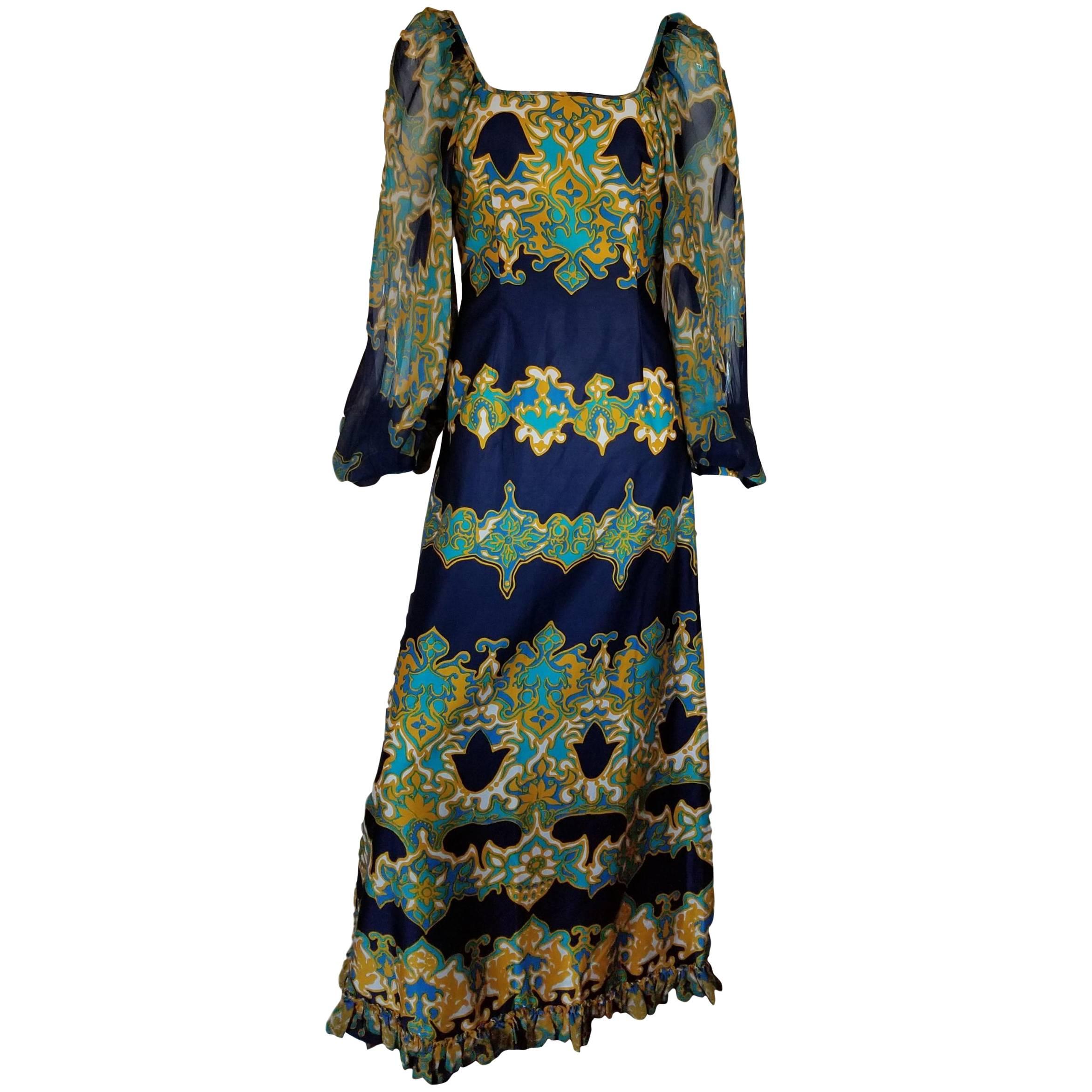1970s Elmoor London Cotton Psychedelic Print Sheer Billow Sleeve Maxi Dress  For Sale
