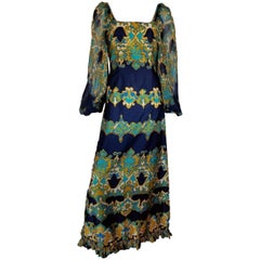 1970s Elmoor London Cotton Psychedelic Print Sheer Billow Sleeve Maxi Dress 