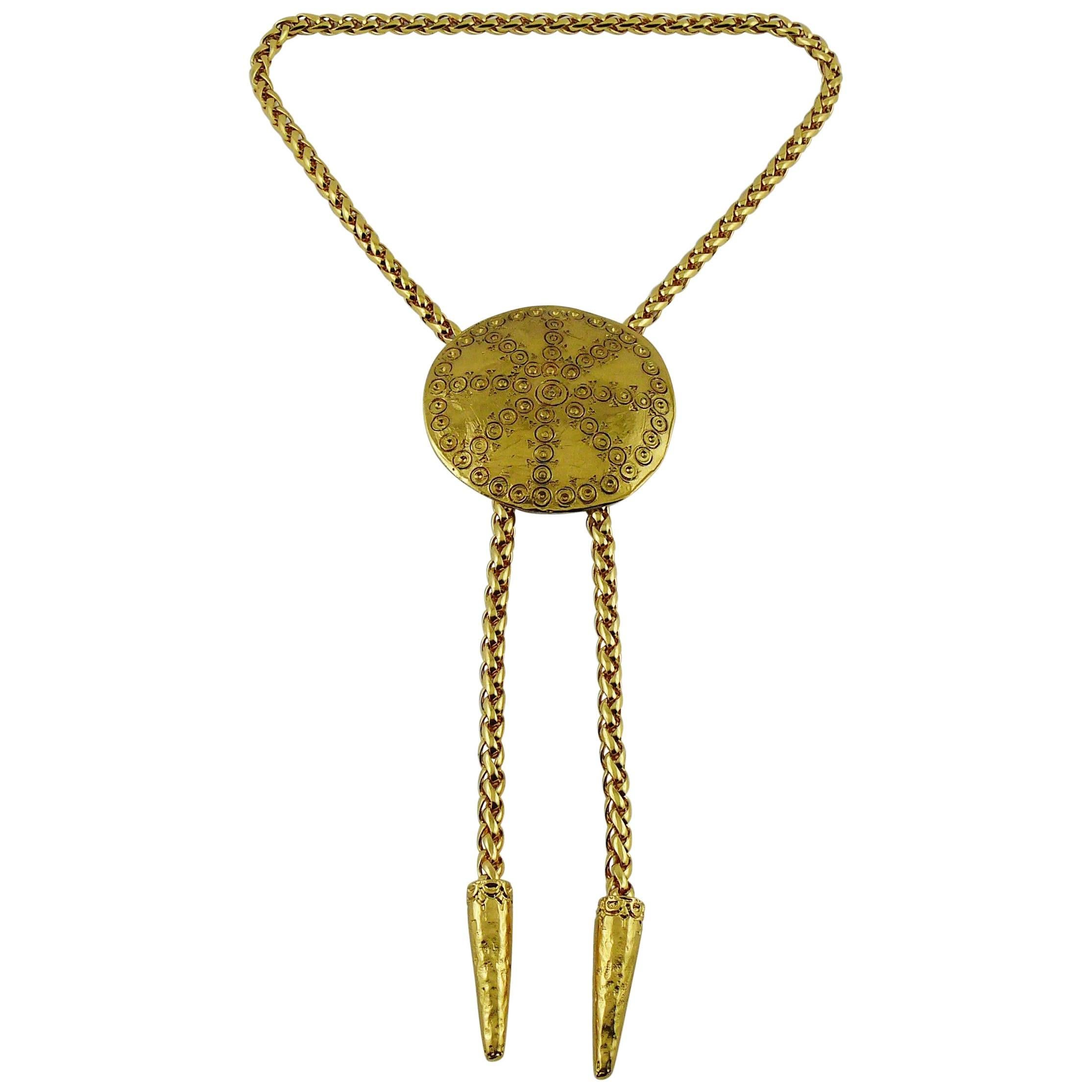 Yves Saint Laurent YSL Vintage Gold Toned Ethnic Disc Lariat Necklace