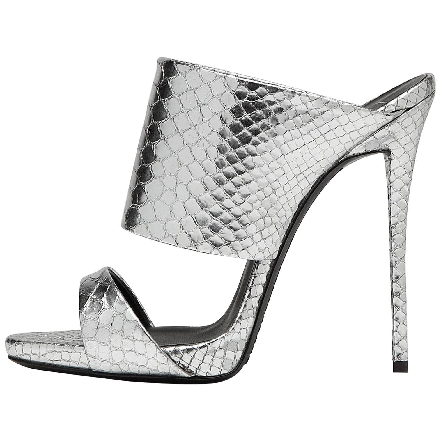  Giuseppe Zanotti New Sold Out Silver Slide In Evening High Heels Sandals in Box