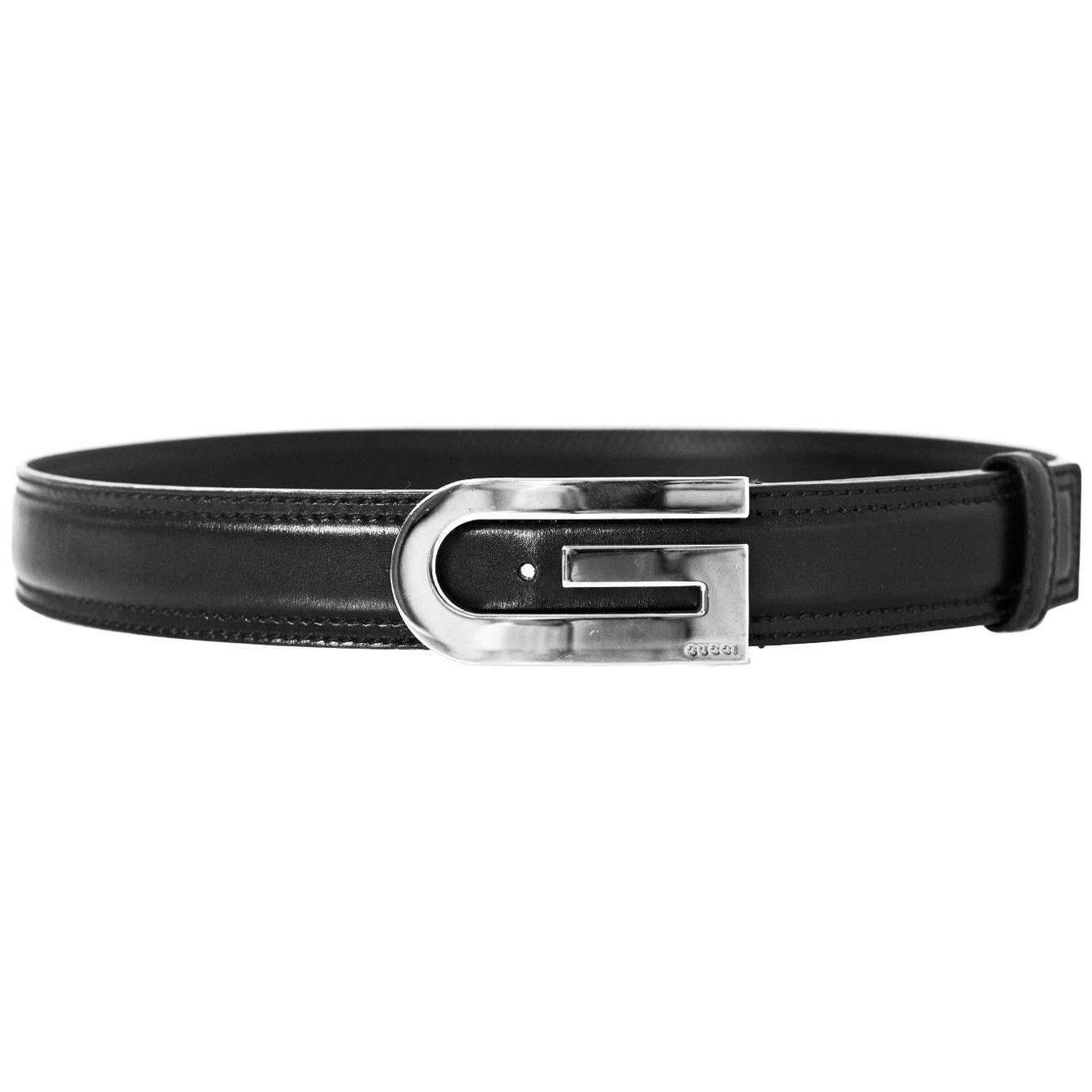 Gucci Unisex Black Leather Belt with XL G Buckle Sz 85