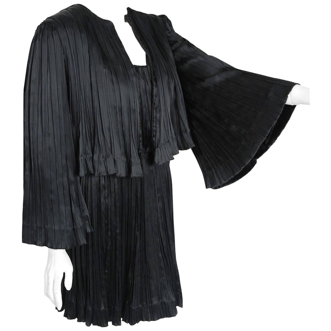 1977 Chanel Black Fortuny Pleated Silk Mini Cocktail Dress & Bell-Sleeve Jacket 
