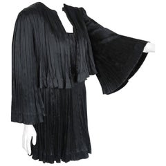 Vintage 1977 Chanel Black Fortuny Pleated Silk Mini Cocktail Dress & Bell-Sleeve Jacket 