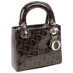 Used LADY DIOR Mini Handbag in Brown Patent Leather with DIOR Letters Printed