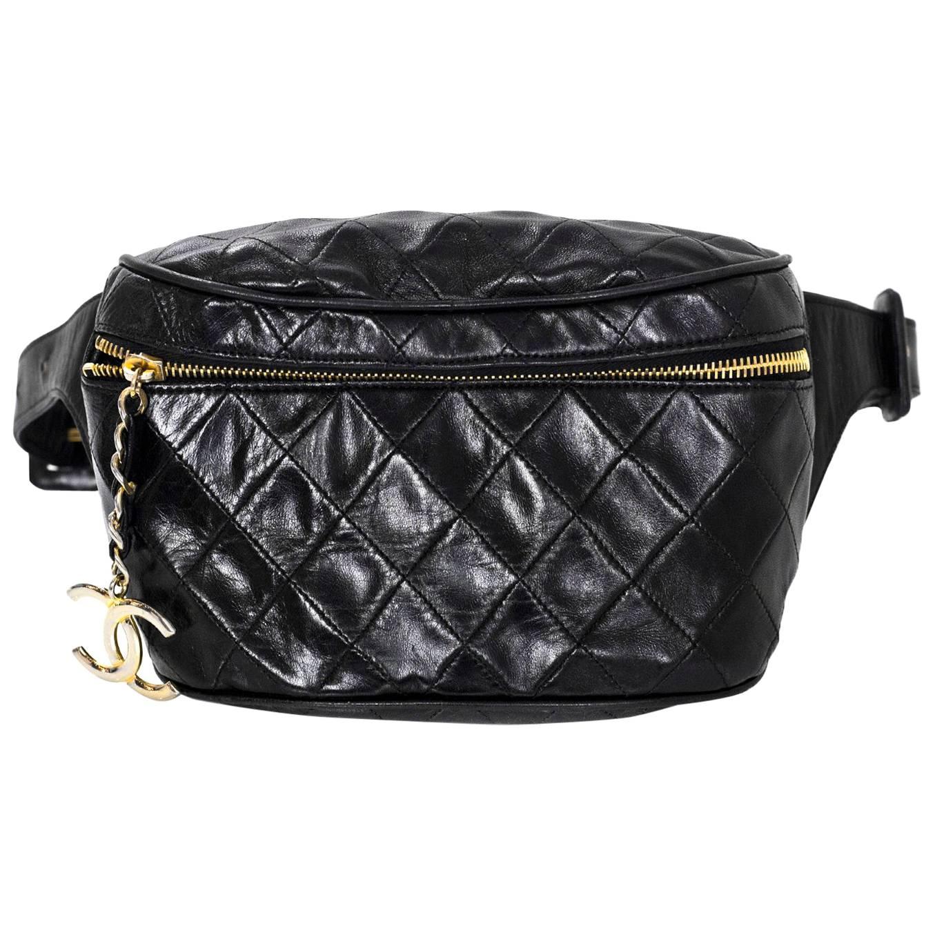 Chanel Vintage Black Quilted Leather Belt/Waist Bag w/ CC