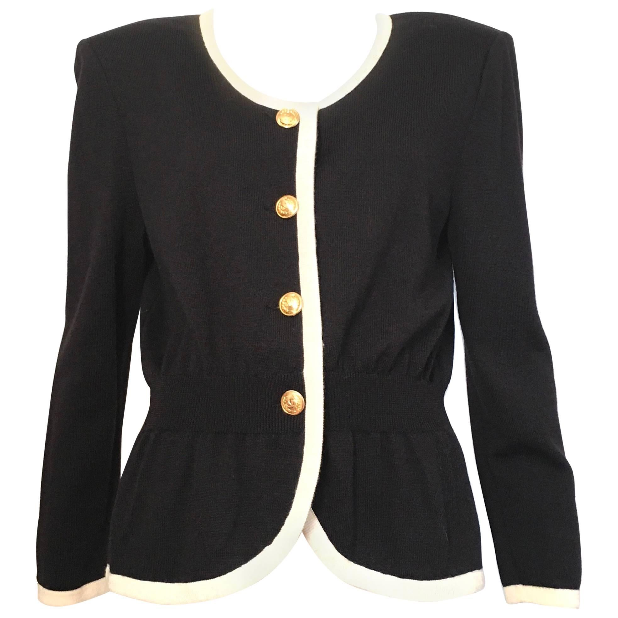 Valentino Black Wool Knit Cardigan with Gold V Buttons Size 10 / 12 ...