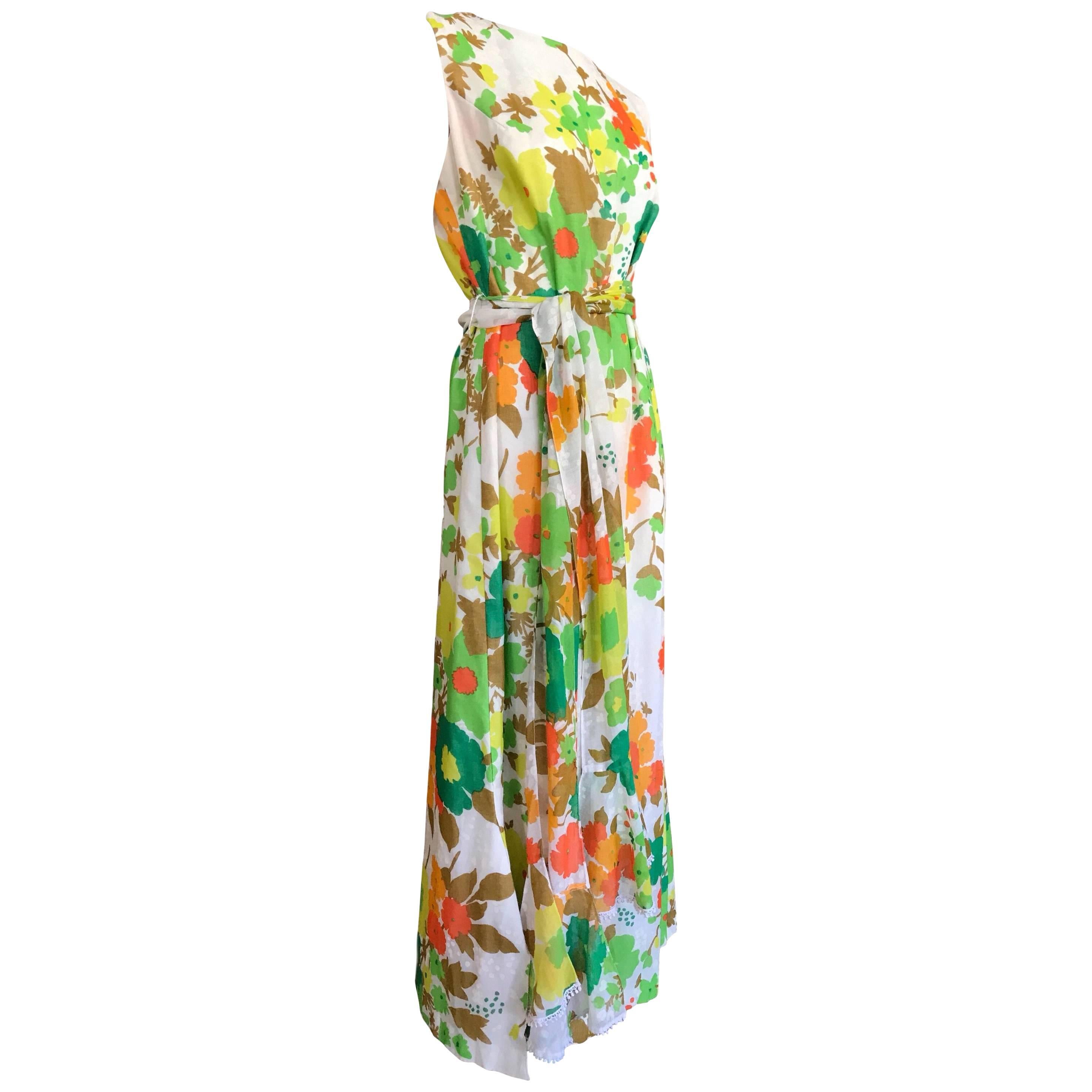 Vintage Original 1970s Floral Cotton Teryline Crestina Maxi Dress With Long Sash For Sale