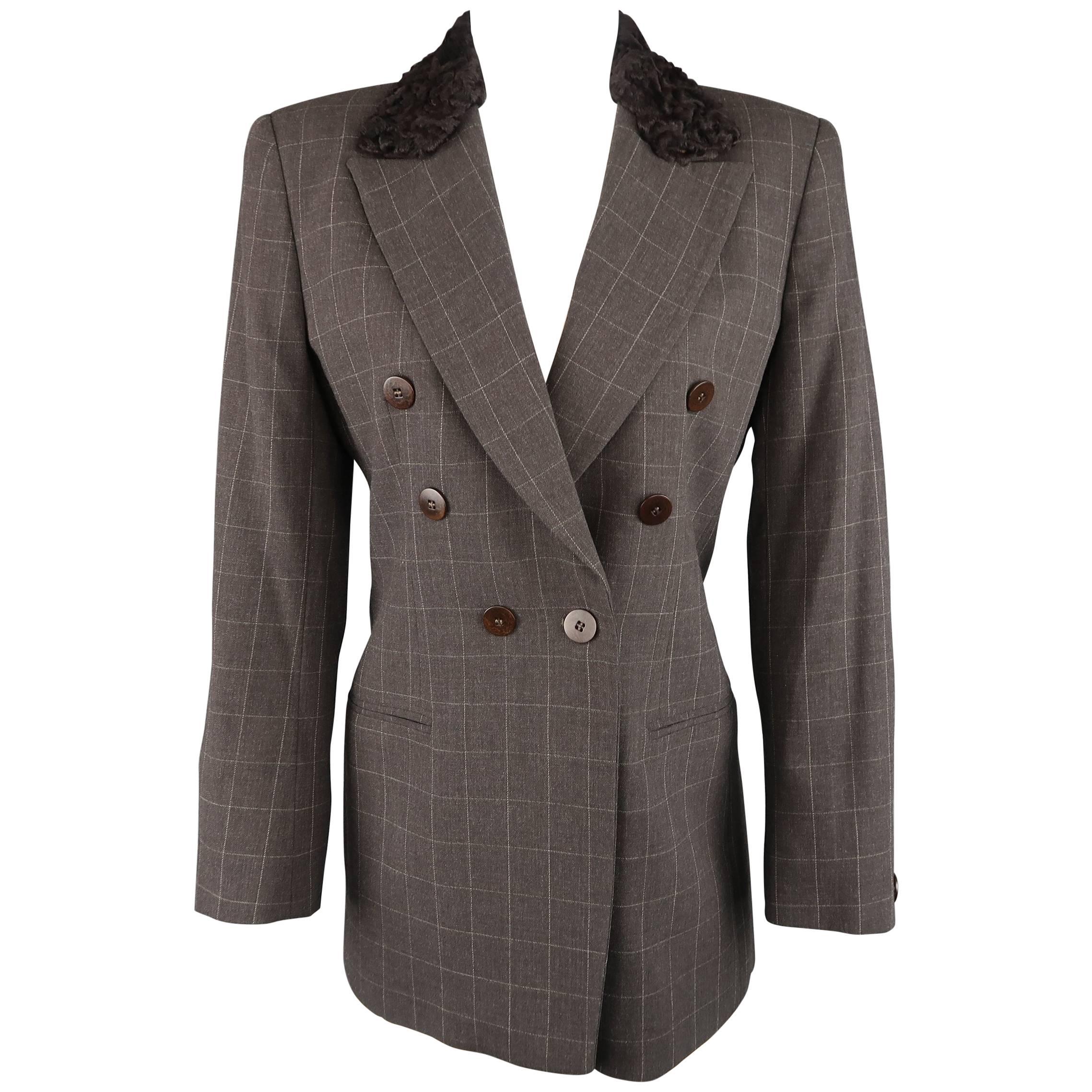 GIORGIO ARMANI Size 6 Brown Windowpane Wool Double Breasted Fur Collar Jacket