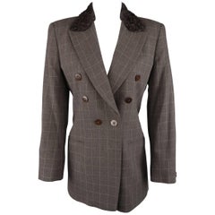 GIORGIO ARMANI Size 6 Brown Windowpane Wool Double Breasted Fur Collar Jacket