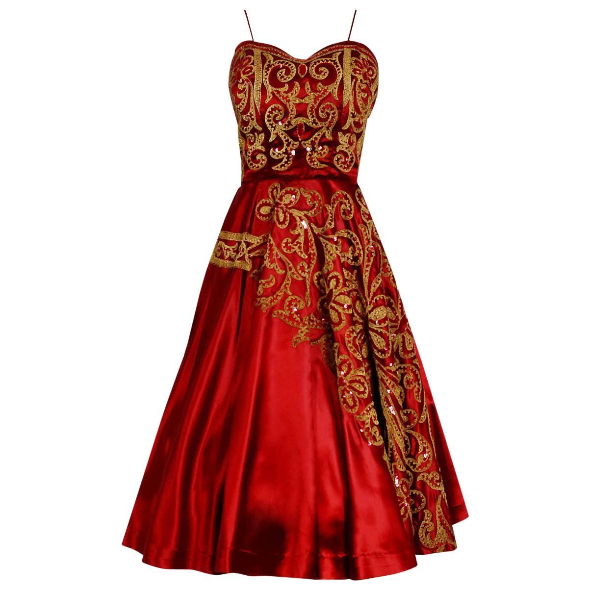 1950's Judith Lynn Couture Red Satin Metallic Embroidered Sequin Dress & Bolero