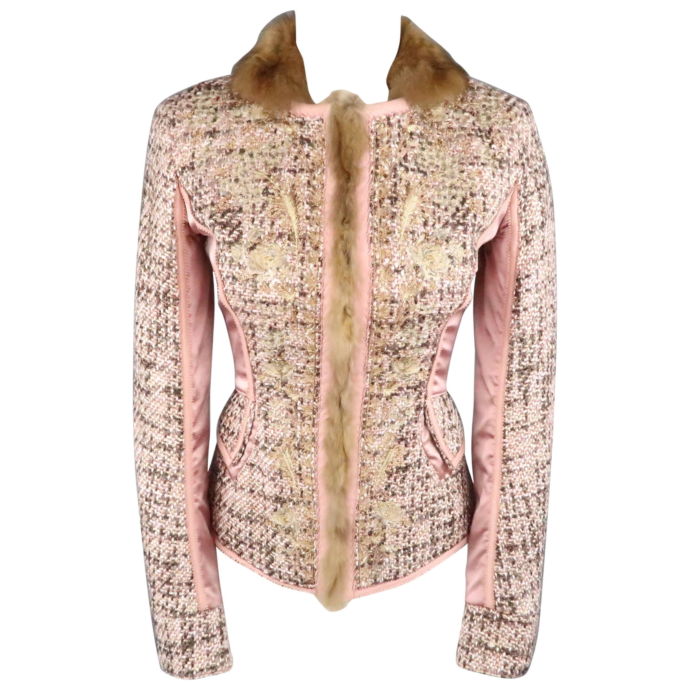 ROBERTO CAVALLI 6 Rose Pink FLoral Embroidered Tweed & Satin Fur Trim Jacket