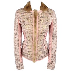 ROBERTO CAVALLI 6 Rose Pink FLoral Embroidered Tweed & Satin Fur Trim Jacket