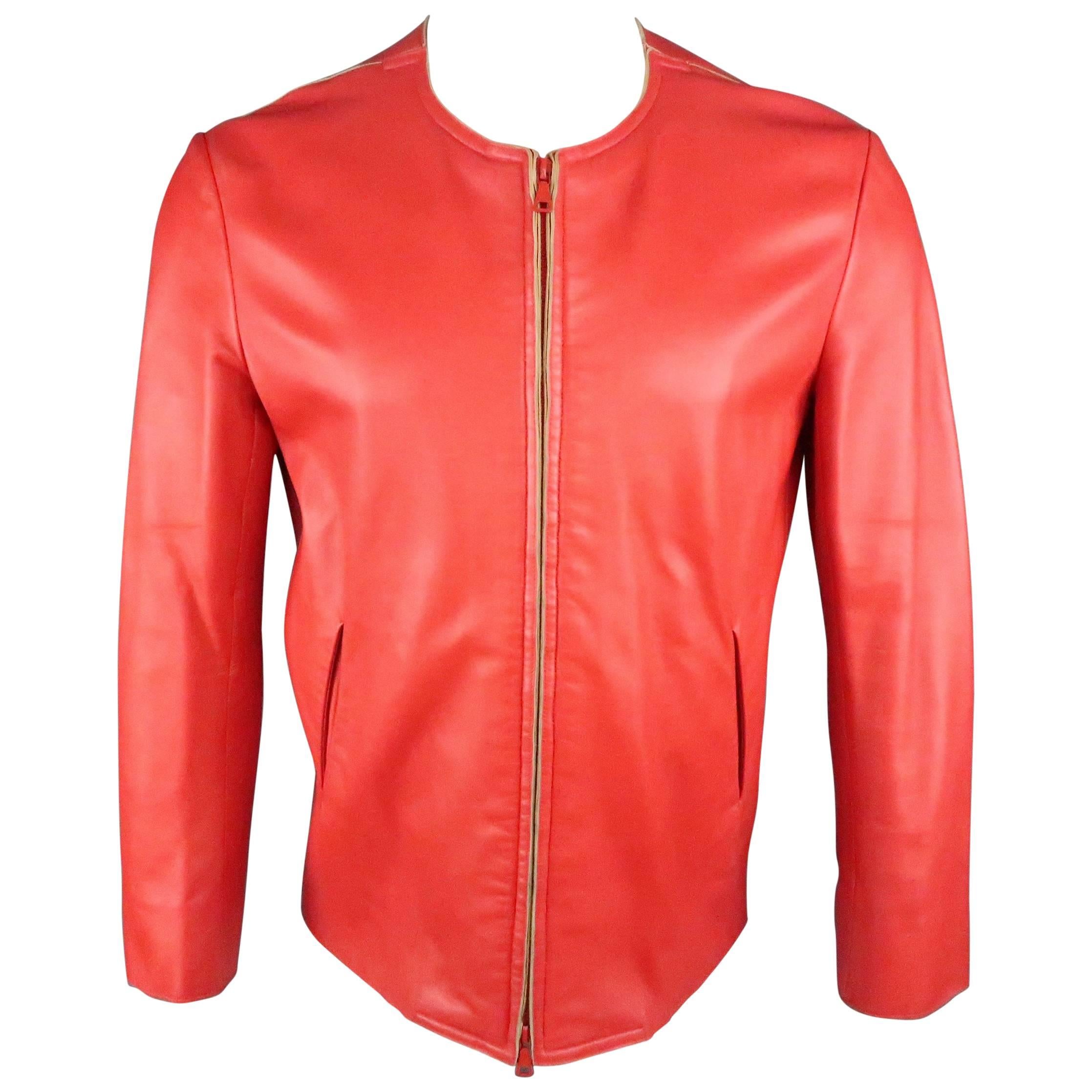 JIL SANDER Size L Red Raw Edge Leather Collarless Zip Jacket