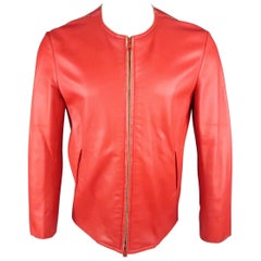 JIL SANDER Size L Red Raw Edge Leather Collarless Zip Jacket