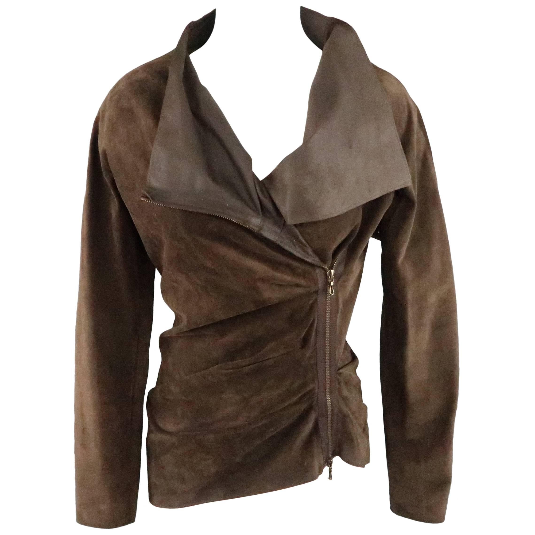 LANVIN Size 4 Brown Asymmetrical Draped Suede Zip Jacket