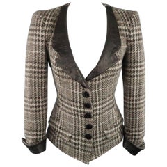 ARMANI COLLEZIONI Size 6 Taupe Houndstooth Wool Aligator Leather Collar Jacket