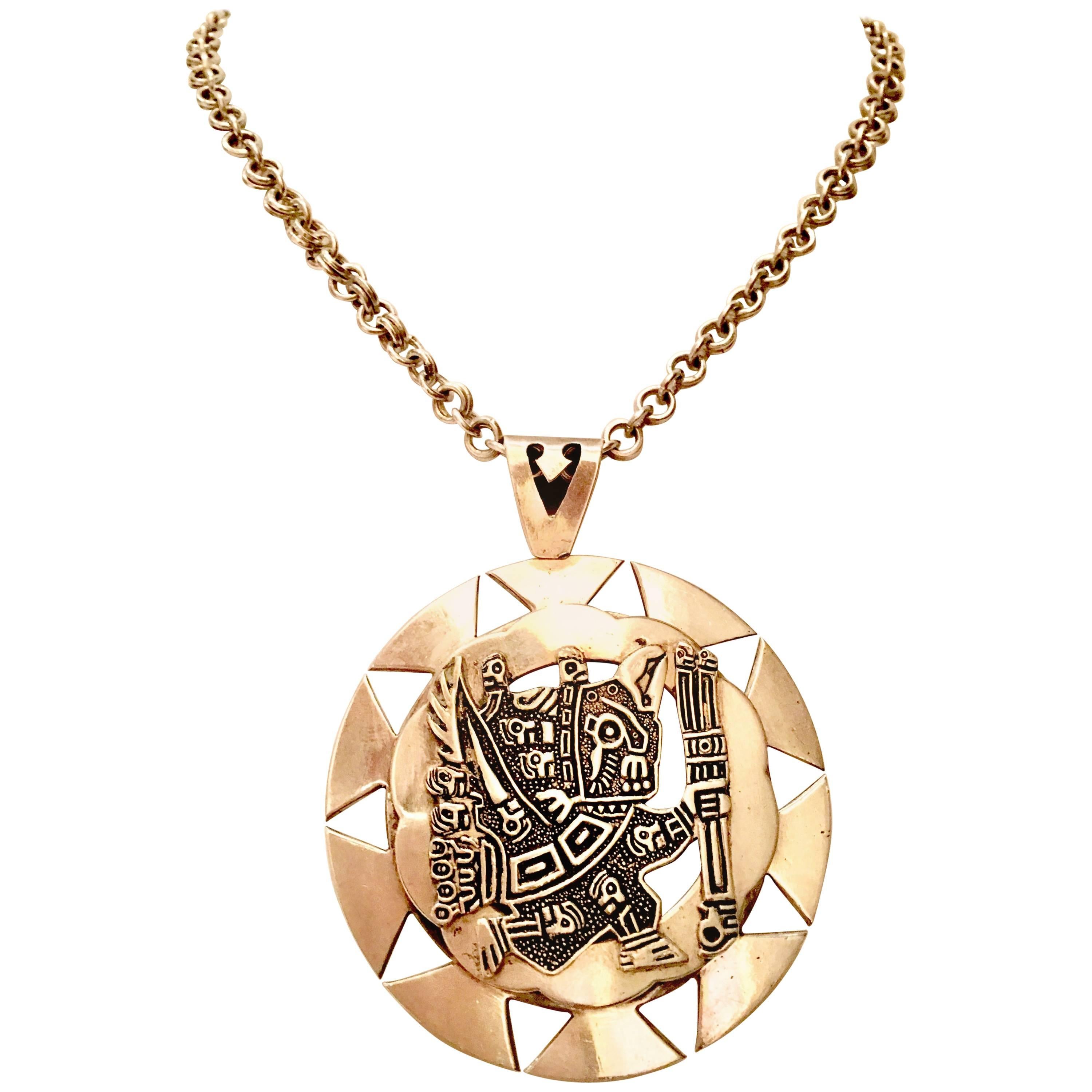 Vintage Sterling 925 Aztec Sun God Medallion Pendant Necklace- Signed Peru MML