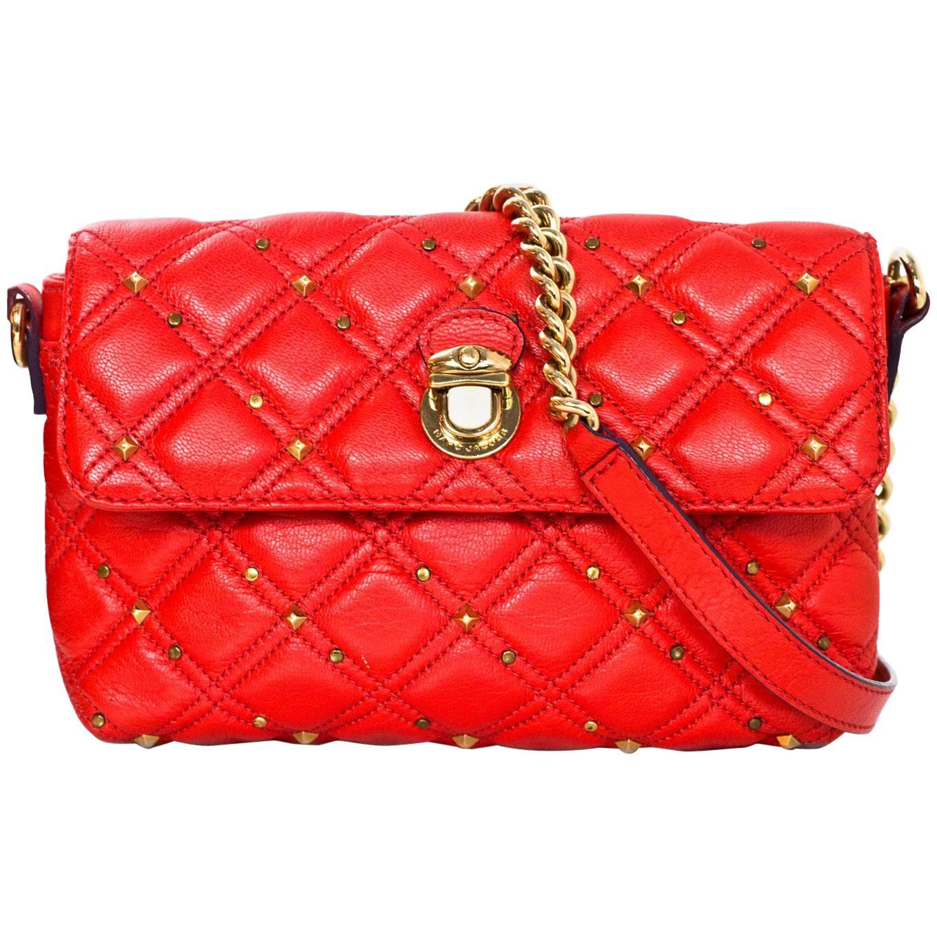 Marc Jacobs Red Leather Studded Crossbody Bag with DB