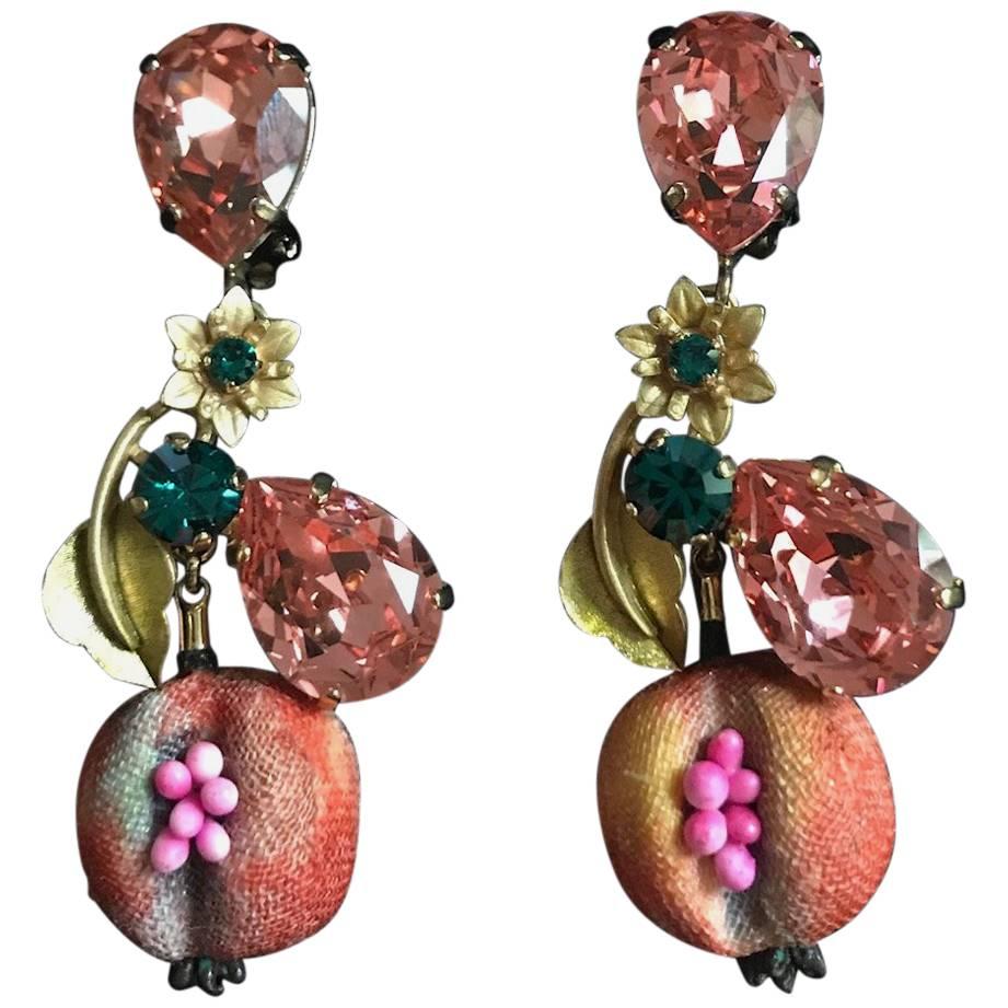 Dolce & Gabbana Pomegranate Fruit Earrings in Crystal and Gold Tone with Flower