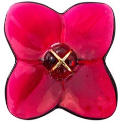 Baccarat Red Glass & 18k Gold Flower Brooch with Box