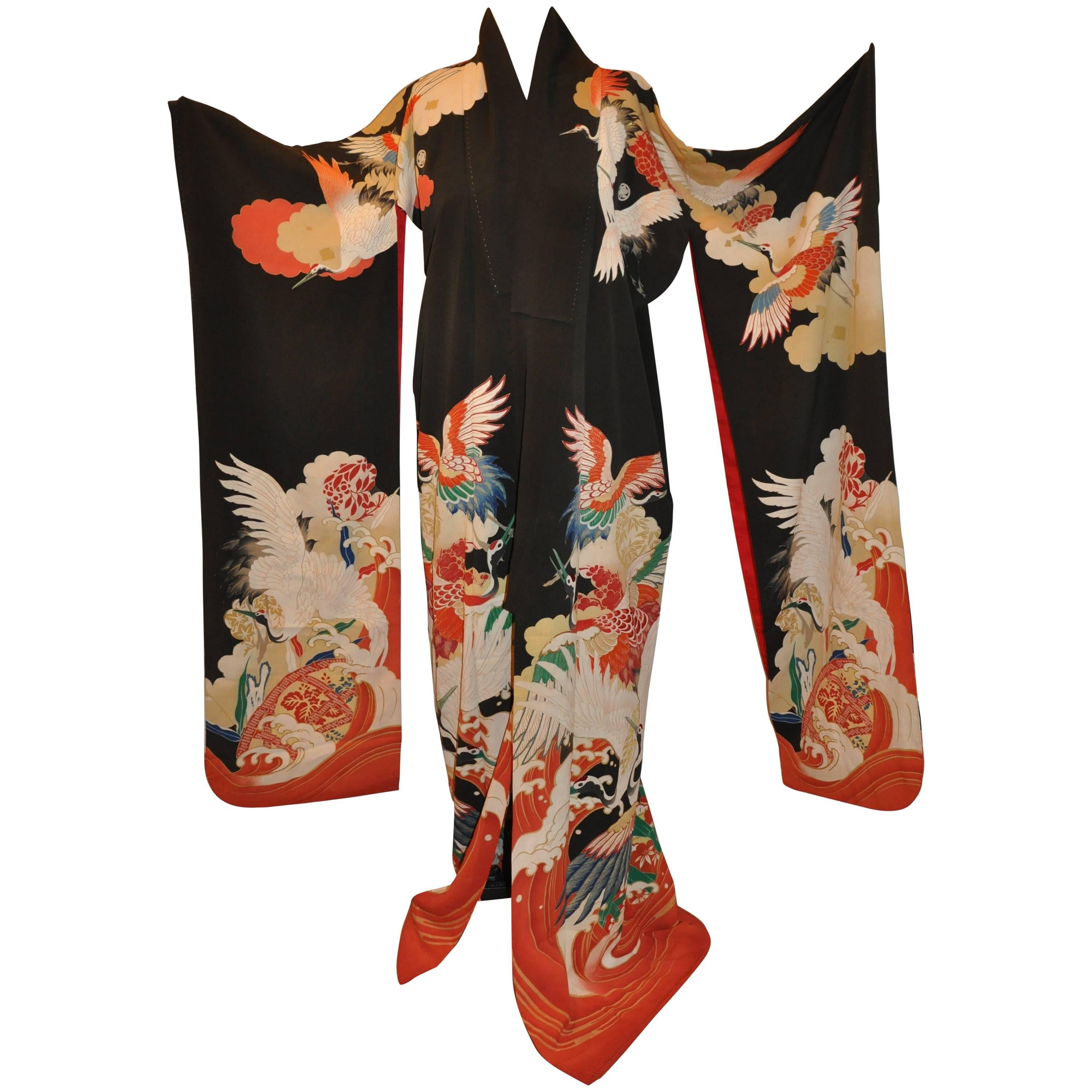 Stunning Multi-Colors "Cranes Among Heaven & Earth" Black Silk Kimono