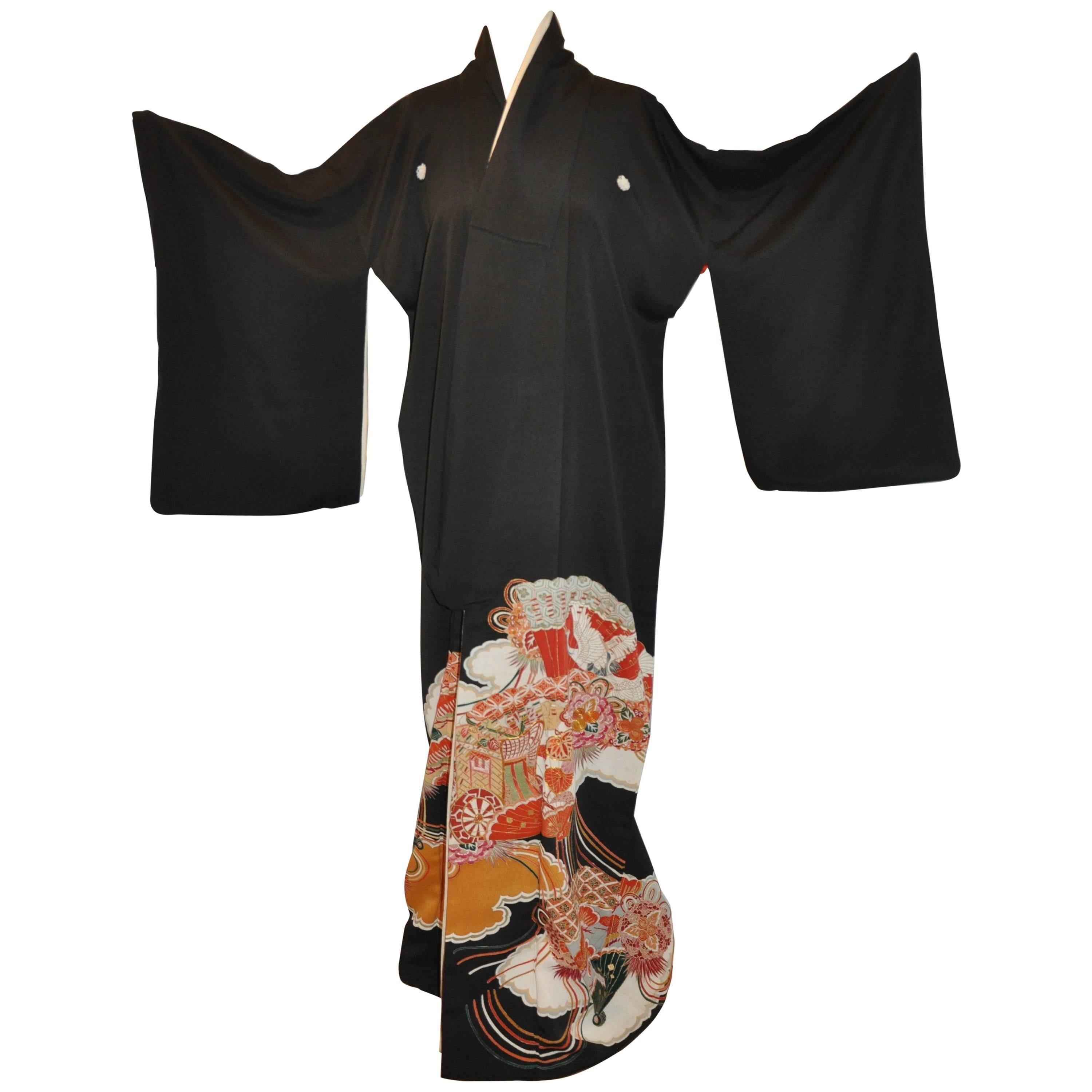 Black Silk "Multi Fans Among Heavenly Clouds" Kimono