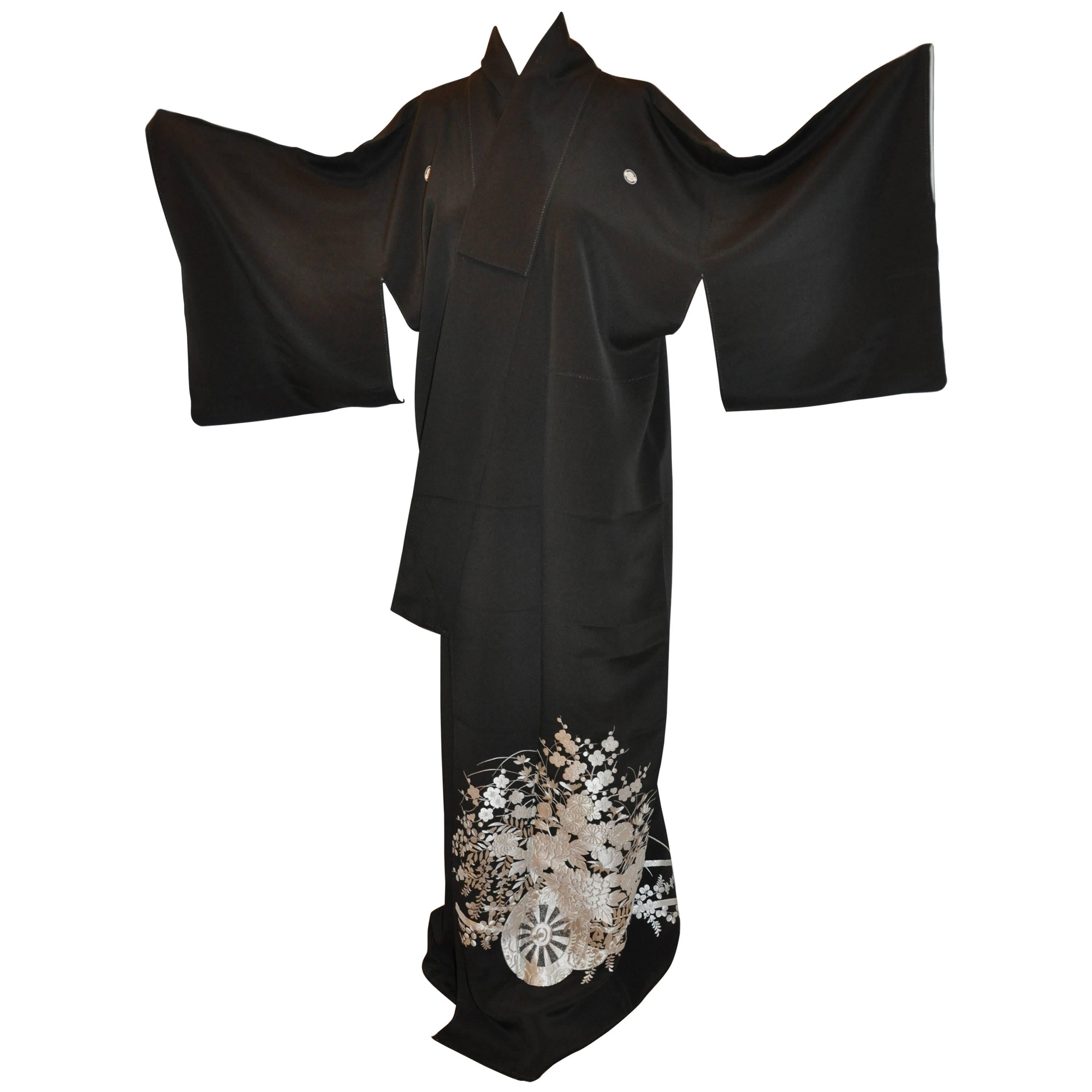 Black with Silver Embroidered "Wagon Filled With Floral" Silk Kimono