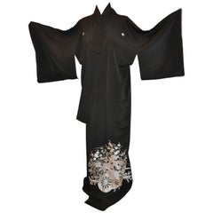 Vintage Black with Silver Embroidered "Wagon Filled With Floral" Silk Kimono